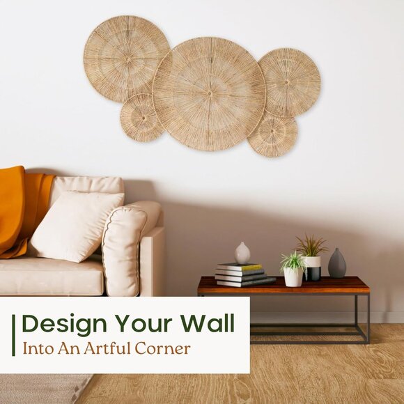 CHI AN 18 Inch Boho Wall Decor – Set of 5 Woven Jute Wall Baskets, Boho Wall Art - Picture 6 of 6